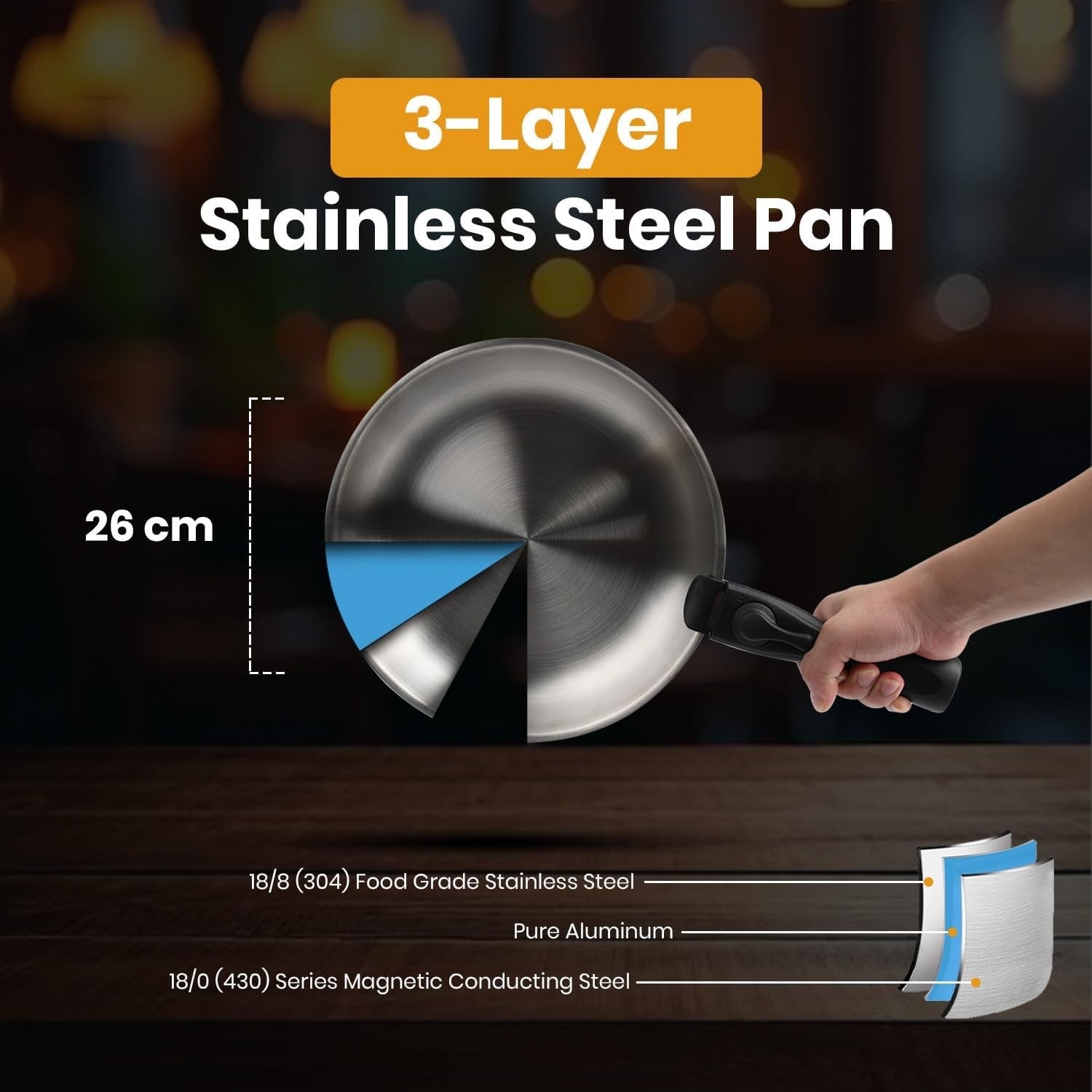 Stainless Steel Frying Pan 26cm Detachable Handle Induction Oven Dishwasher Safe