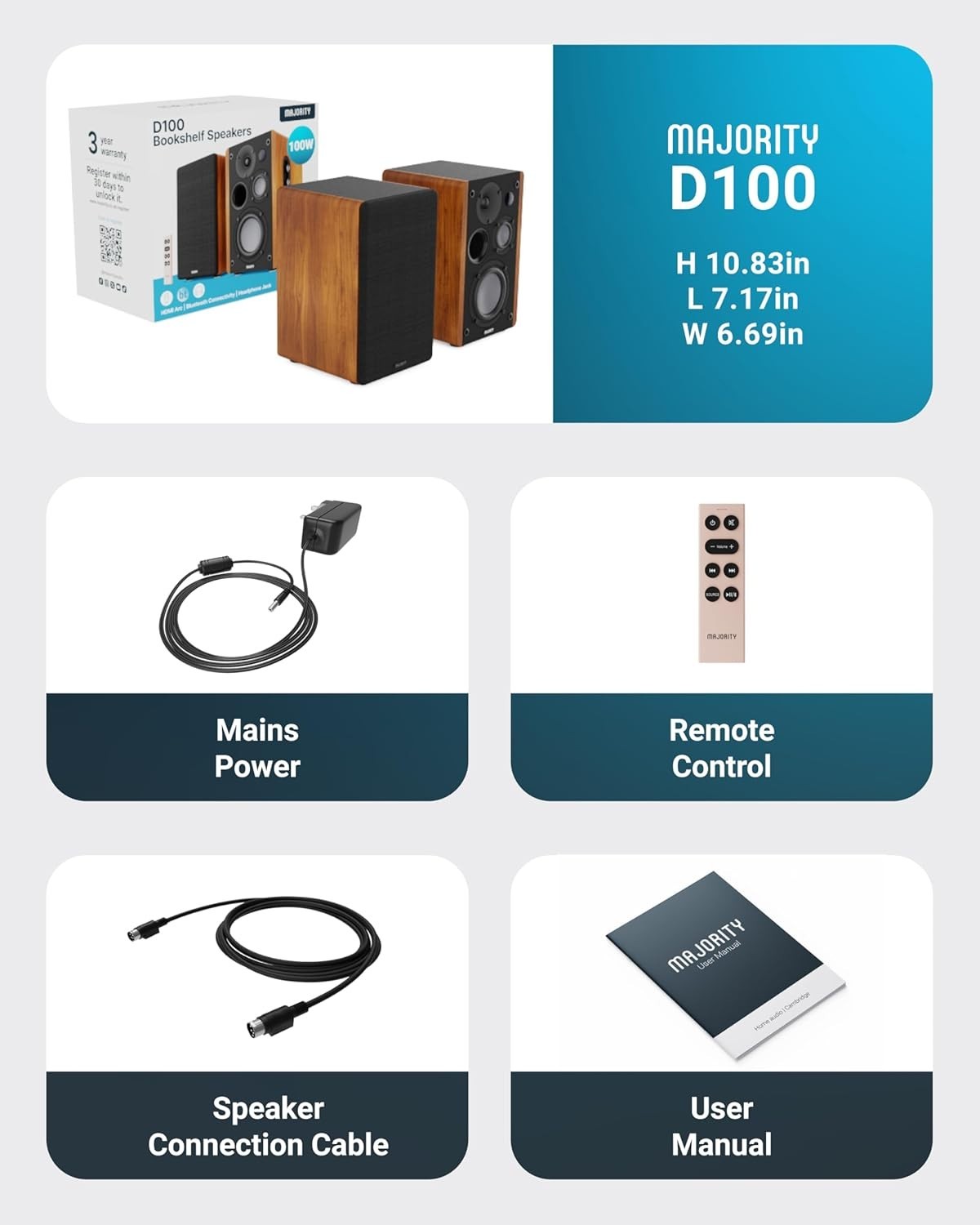 Bluetooth Bookshelf Speakers 100W HiFi Stereo 3 Drivers Xtra Bass USB HDMI ARC