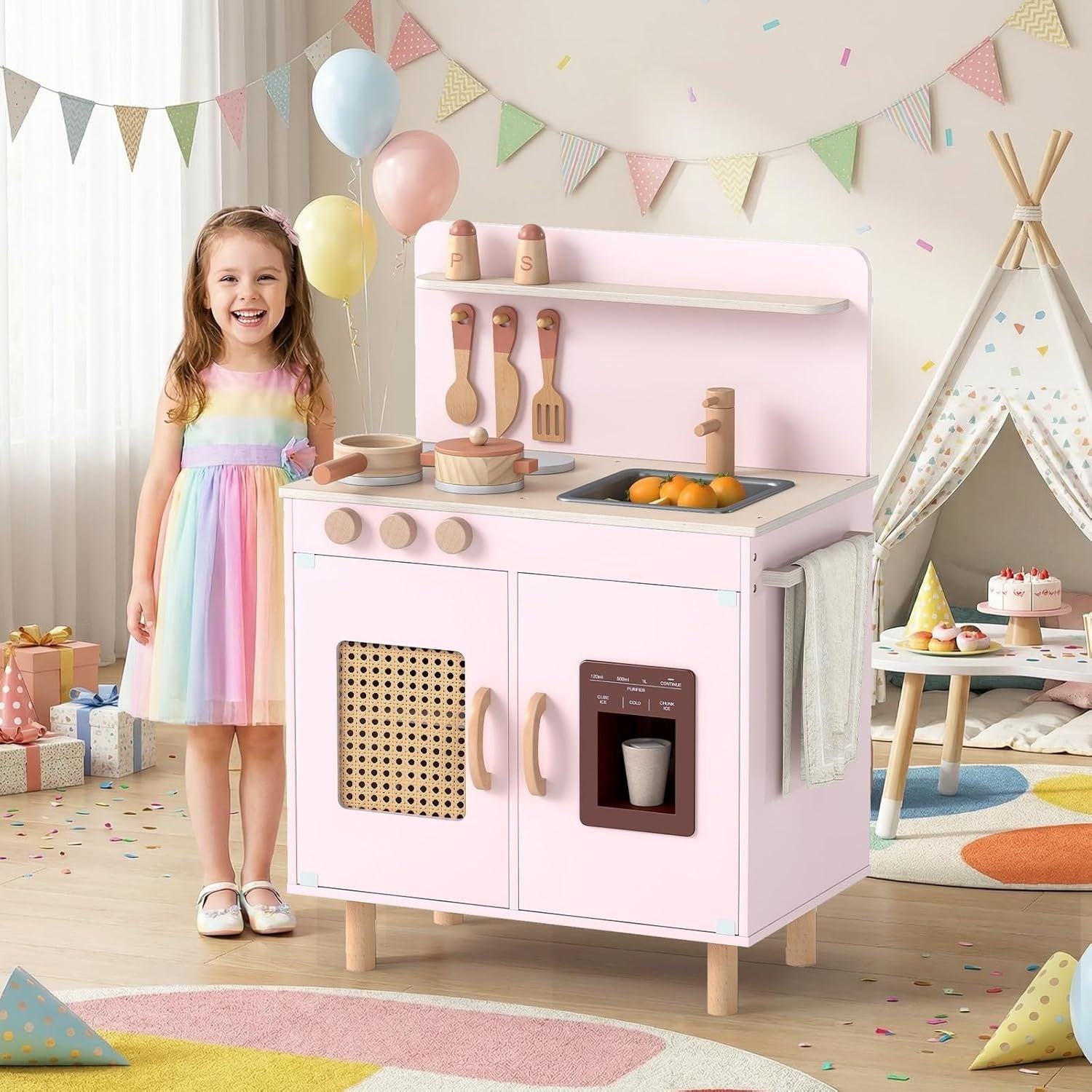 Kids Wooden Play Kitchen w/ Ice Maker Sink Pink Toy Set