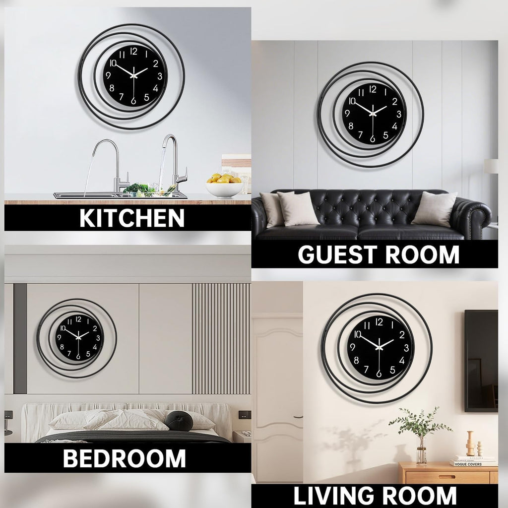Black Modern Wall Clock 40cm Silent Quartz Large Decorative Home Kitchen