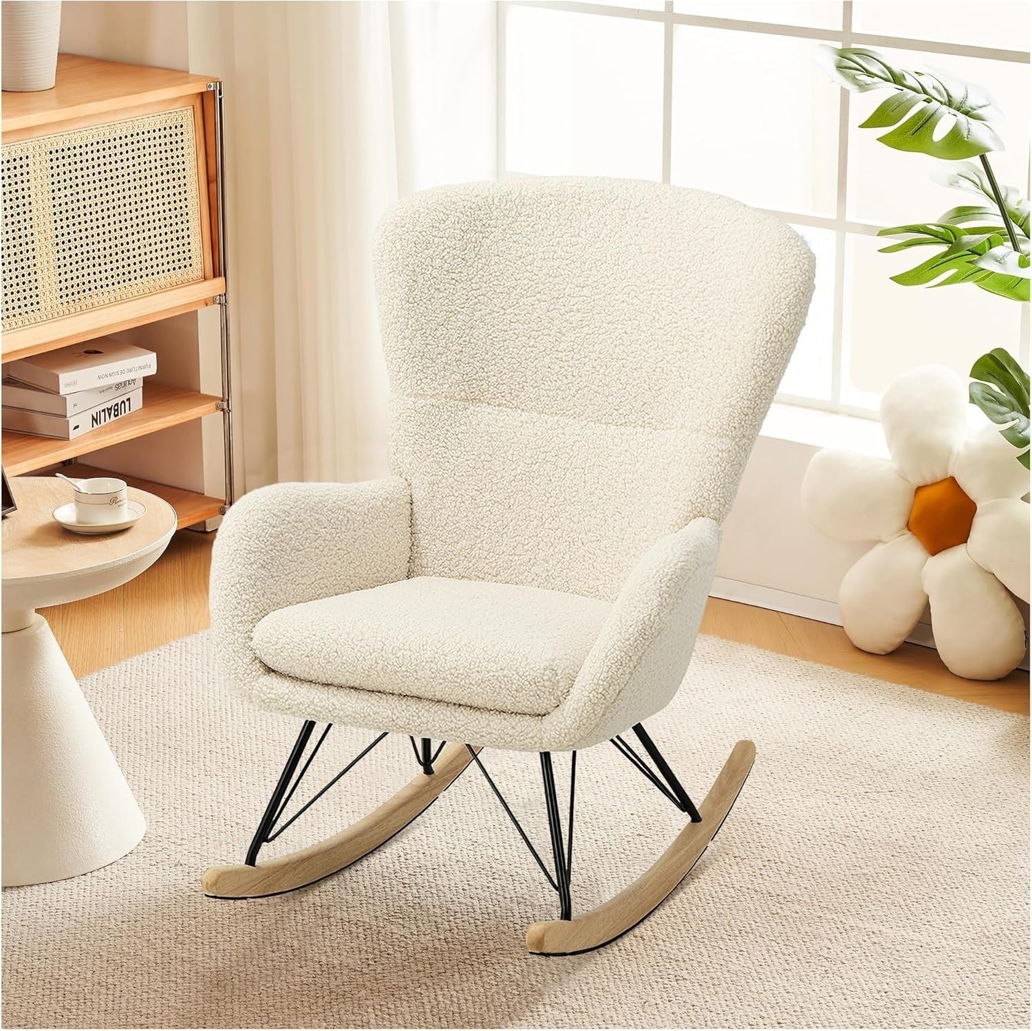 Comfortable Beige Cashmere Rocking Chair Recliner with Metal Frame & Cushion