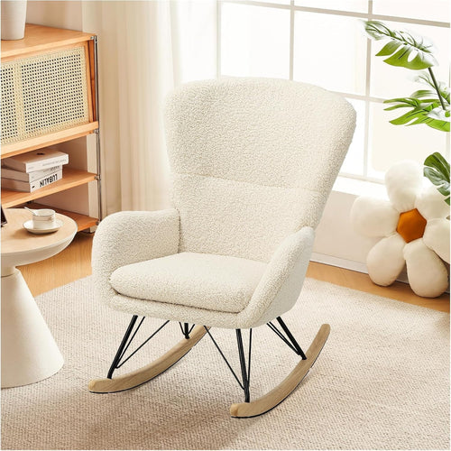 Comfortable Beige Cashmere Rocking Chair Recliner with Metal Frame & Cushion