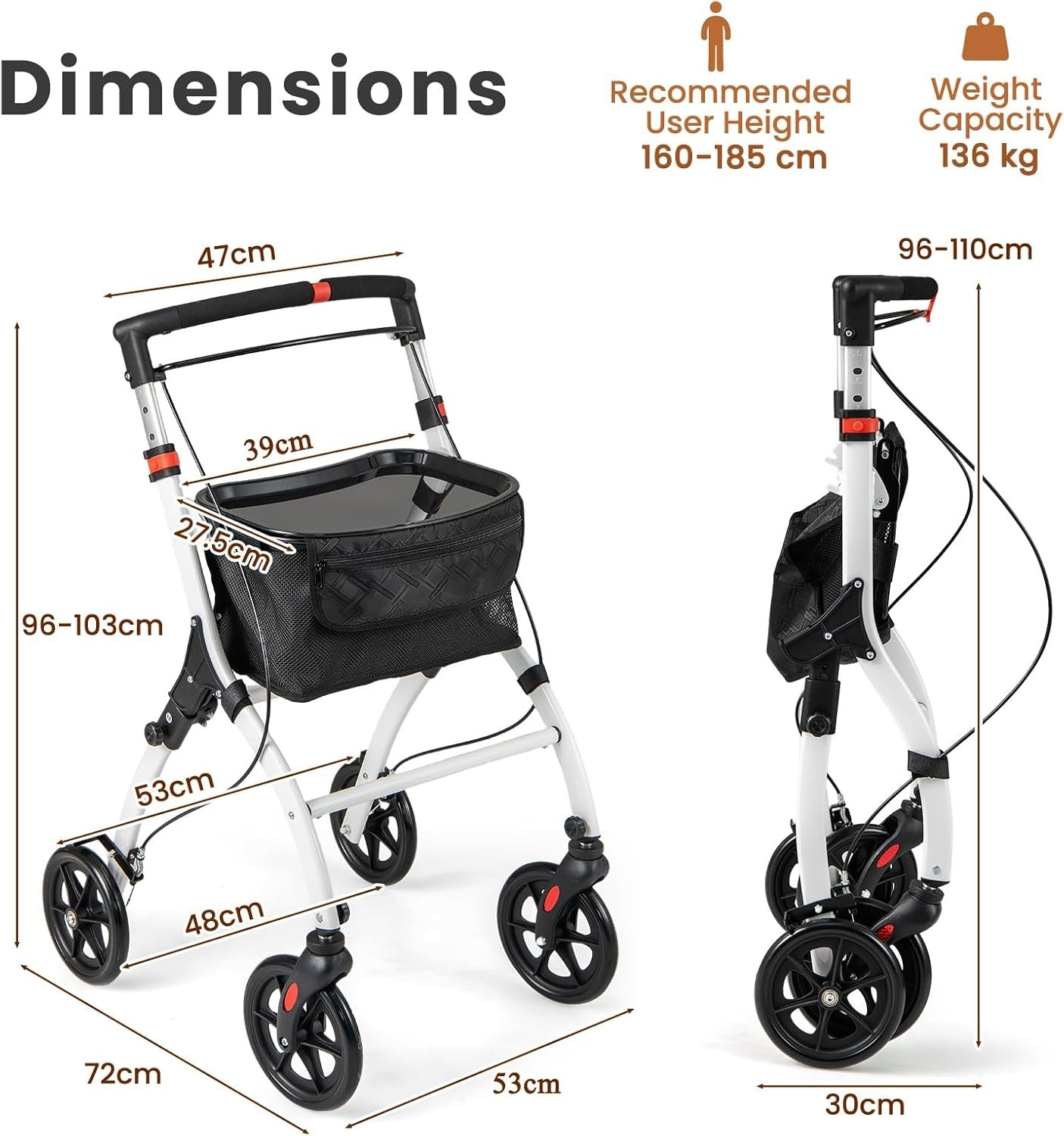 4 Wheel Rollator Walker Lightweight Folding Mobility Aid with Brakes & Tray