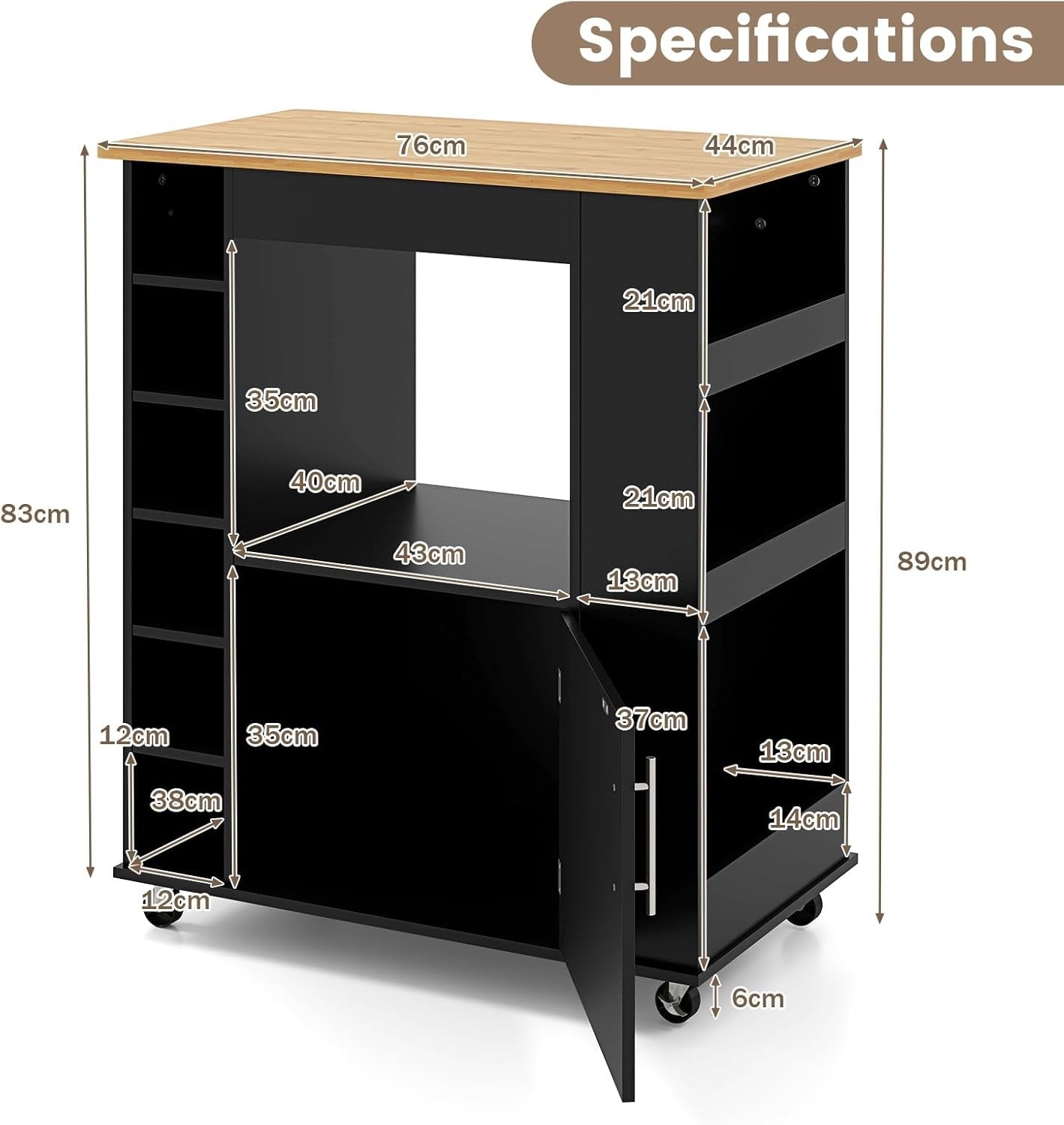 Kitchen Storage Trolley on Wheels Cabinet Island Cart Wine Rack Bamboo Top