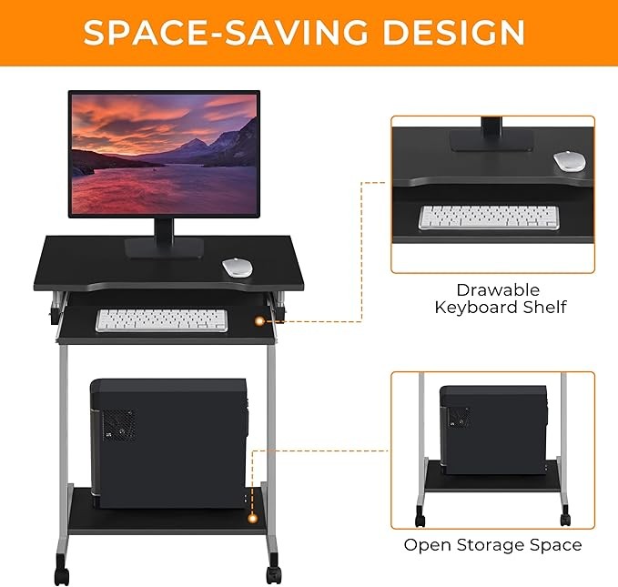 Mobile Laptop Desk on Wheels Z Shaped Small Computer Table with Keyboard Tray