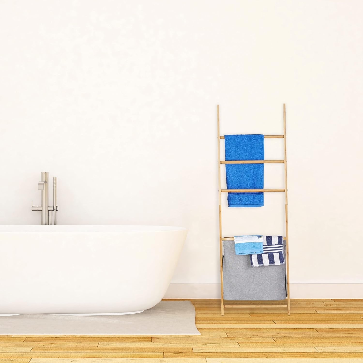 Bamboo Towel Rack with Laundry Basket – Freestanding 4-Rail Ladder Holder 139cm