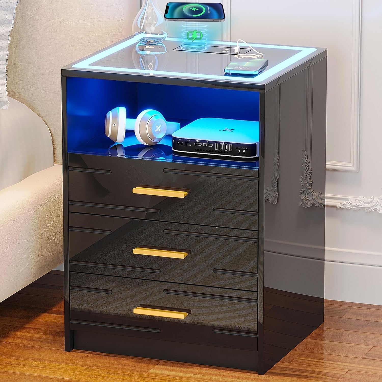 Set of 2 LED Black Bedside Tables with Wireless Charging 3 Drawers