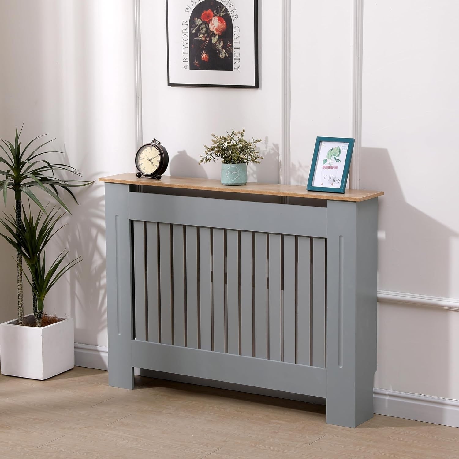 Medium Grey Oak Radiator Cover | Modern MDF Vertical Slat Cabinet – Stylish