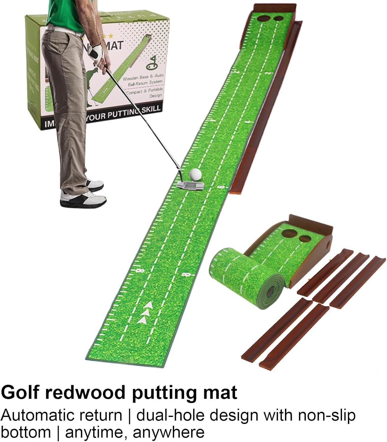 Putting Green Golf Practice Mat Automatic Ball Return Dual Hole Indoor Trainer