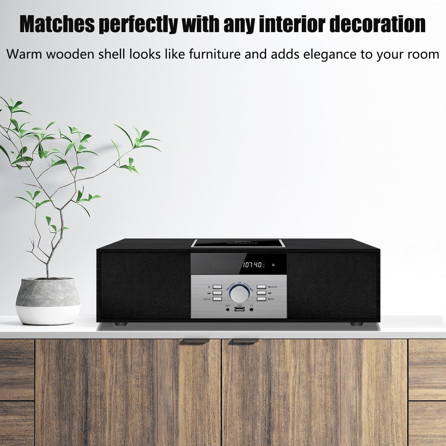 Retro Bluetooth CD Stereo System with USB, FM Radio, Wooden HiFi Speakers