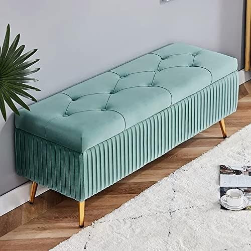 Modern Velvet Storage Bench Ottoman With Storage and Gold Legs for Bedroom