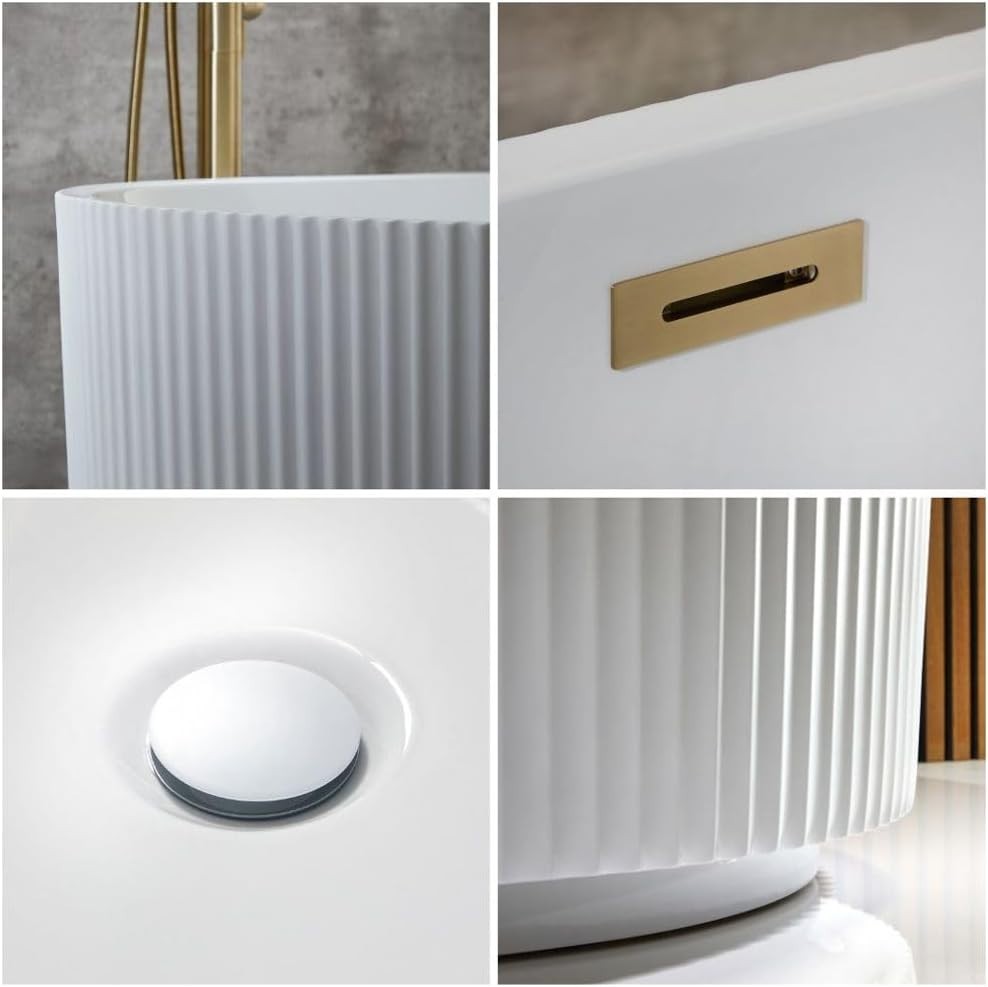 White Double Ended Freestanding Fluted Bath 1700x800mm Brass Overflow
