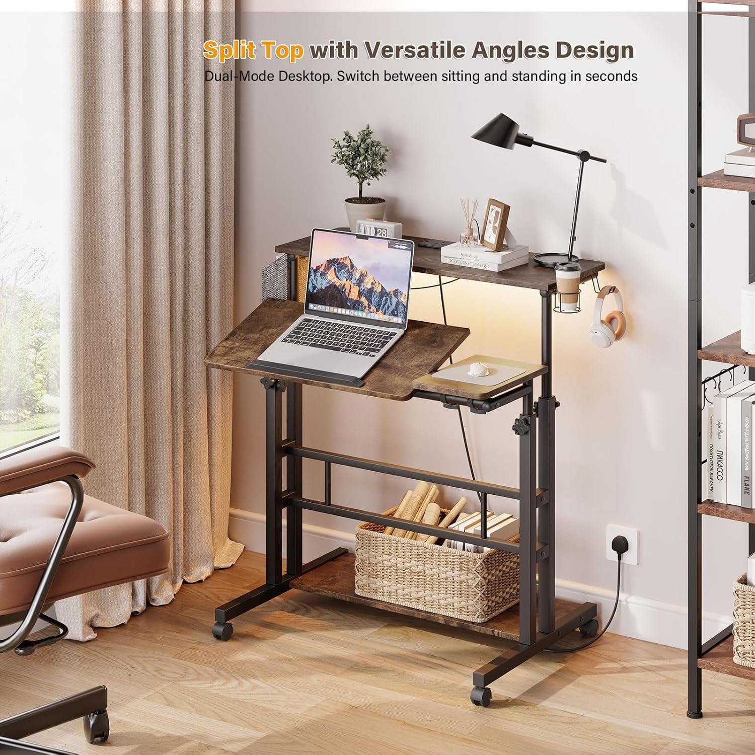Height Adjustable Standing Desk with Power Outlets Rolling Stand Table