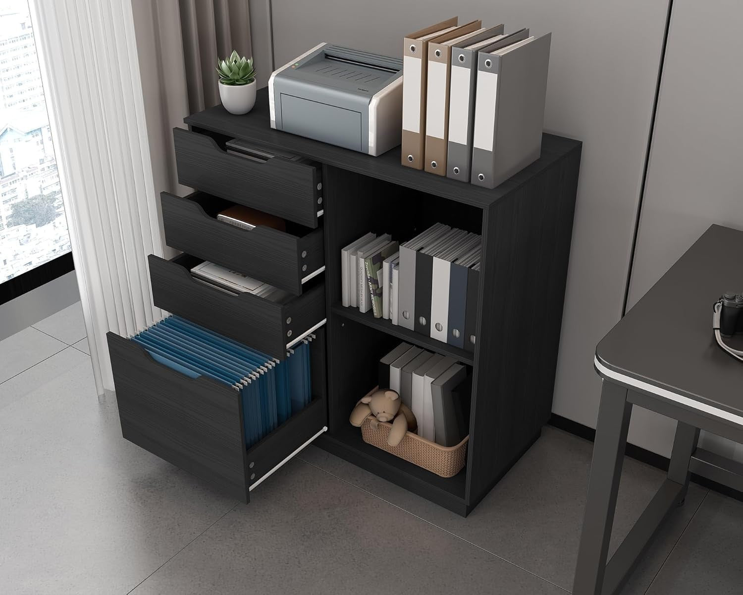 Black 4 Drawer Lateral File Cabinet A4 Letter Printer Stand Storage