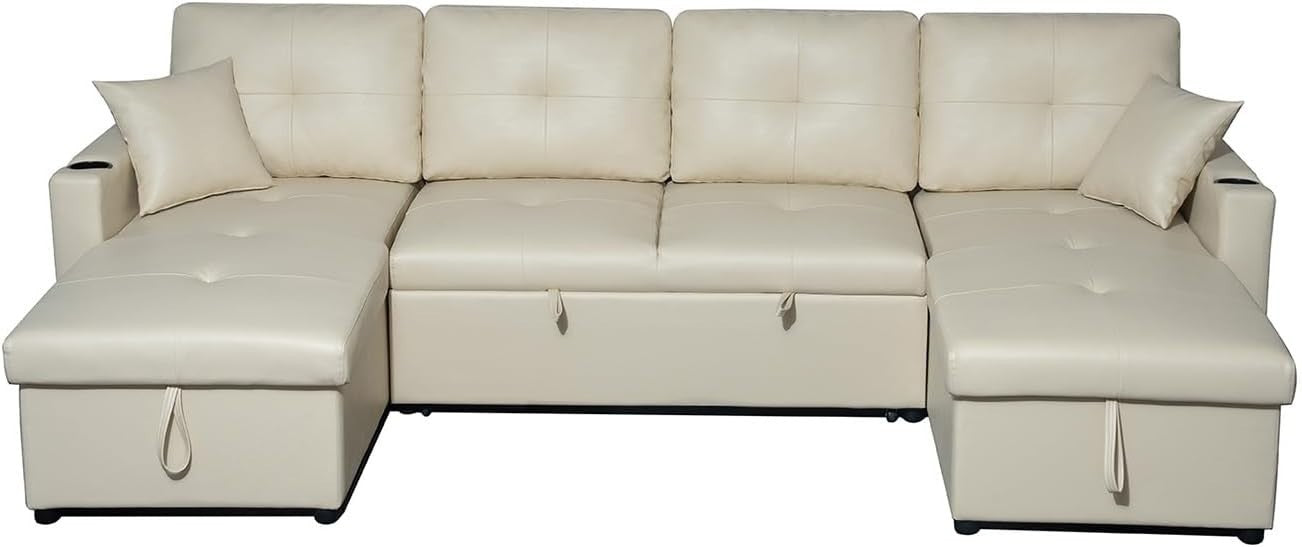 Cream Bonded Leather U-Shaped 4 Seater Sofa Bed with Storage & Pull-Out