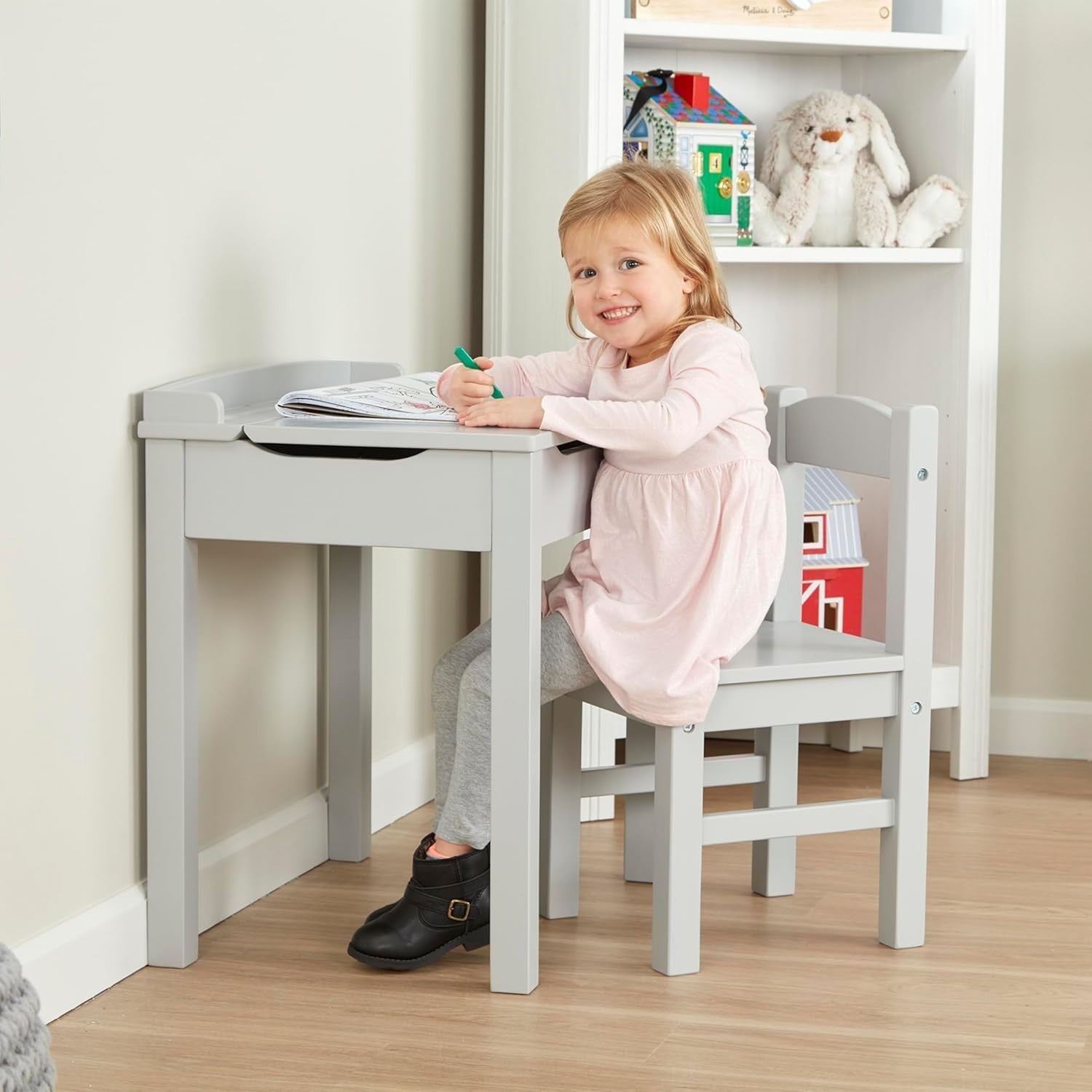 Kids Lift-Top Desk & Chair Set, Grey Wood, Compact 46x16.5x65cm