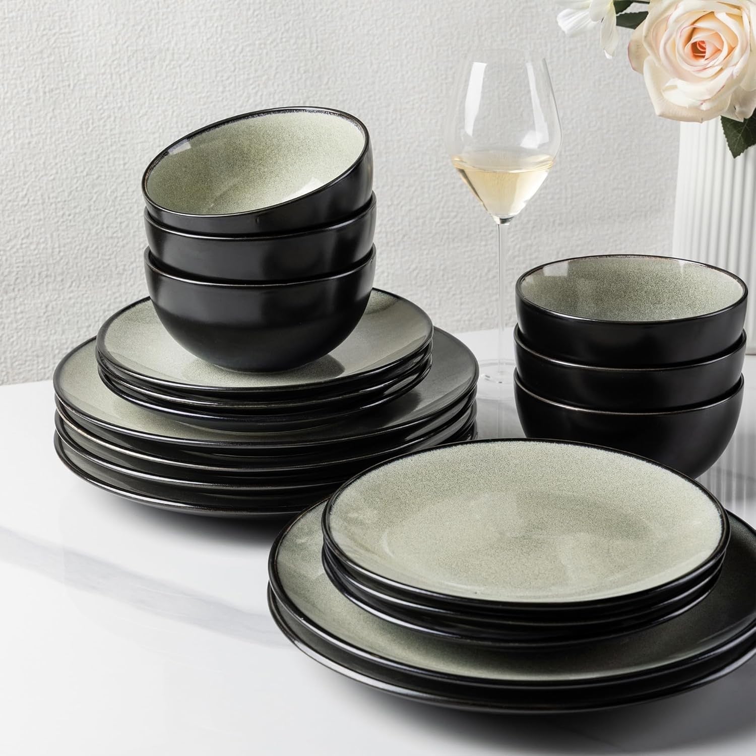12pc Stoneware Dinner Set Plates Bowls Sage Green Dishwasher Safe