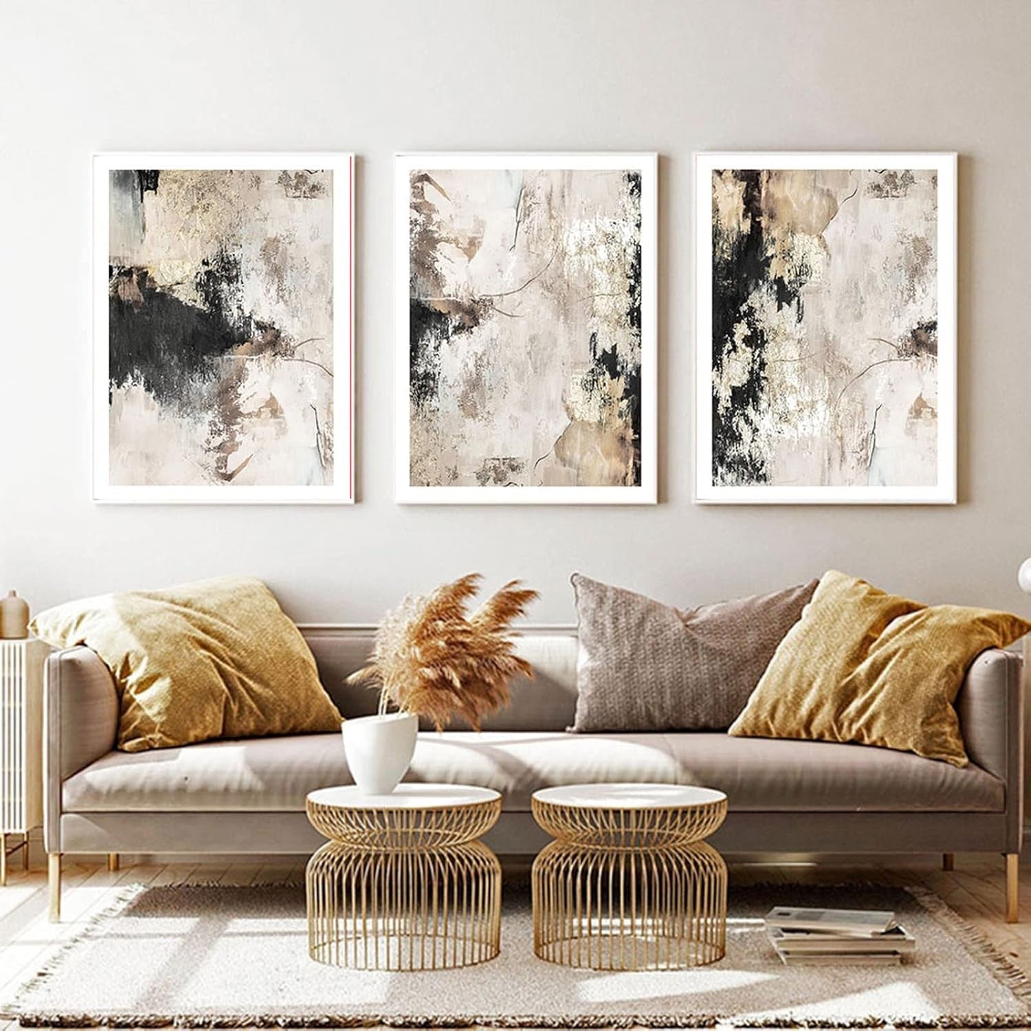 Abstract Beige Canvas Wall Art Set Grey Brown Modern Prints