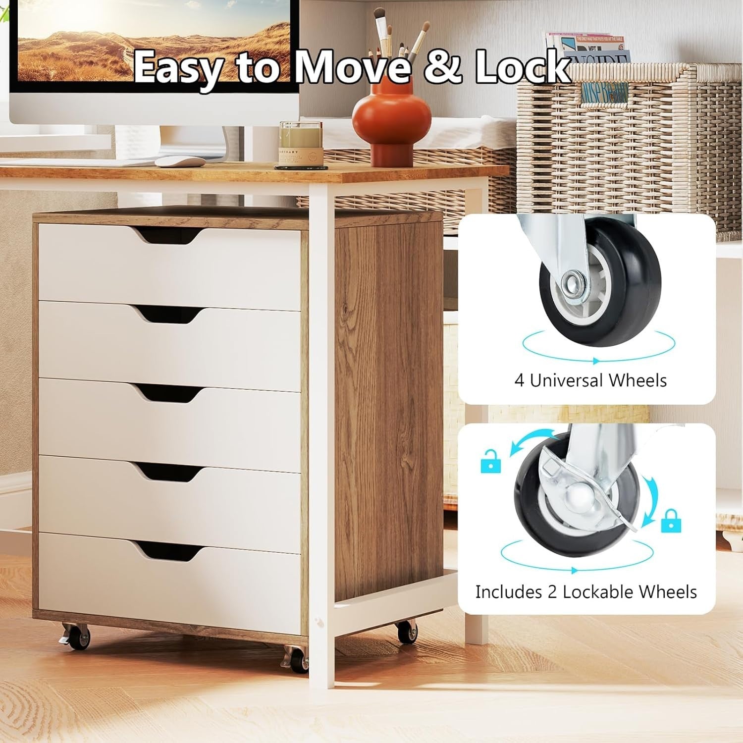Natural Wood Mobile Filing Cabinet 5 Drawer Rolling Under Desk Storage