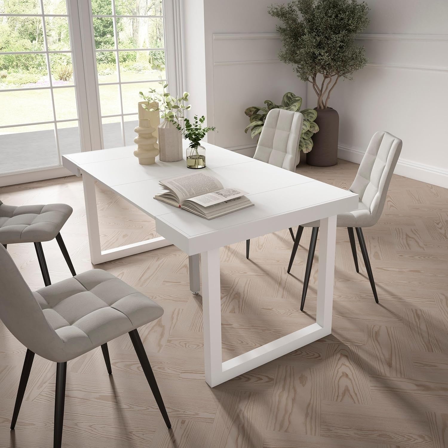 Extendable Folding Dining Table for 8, White Wood, Solid Legs, Modern