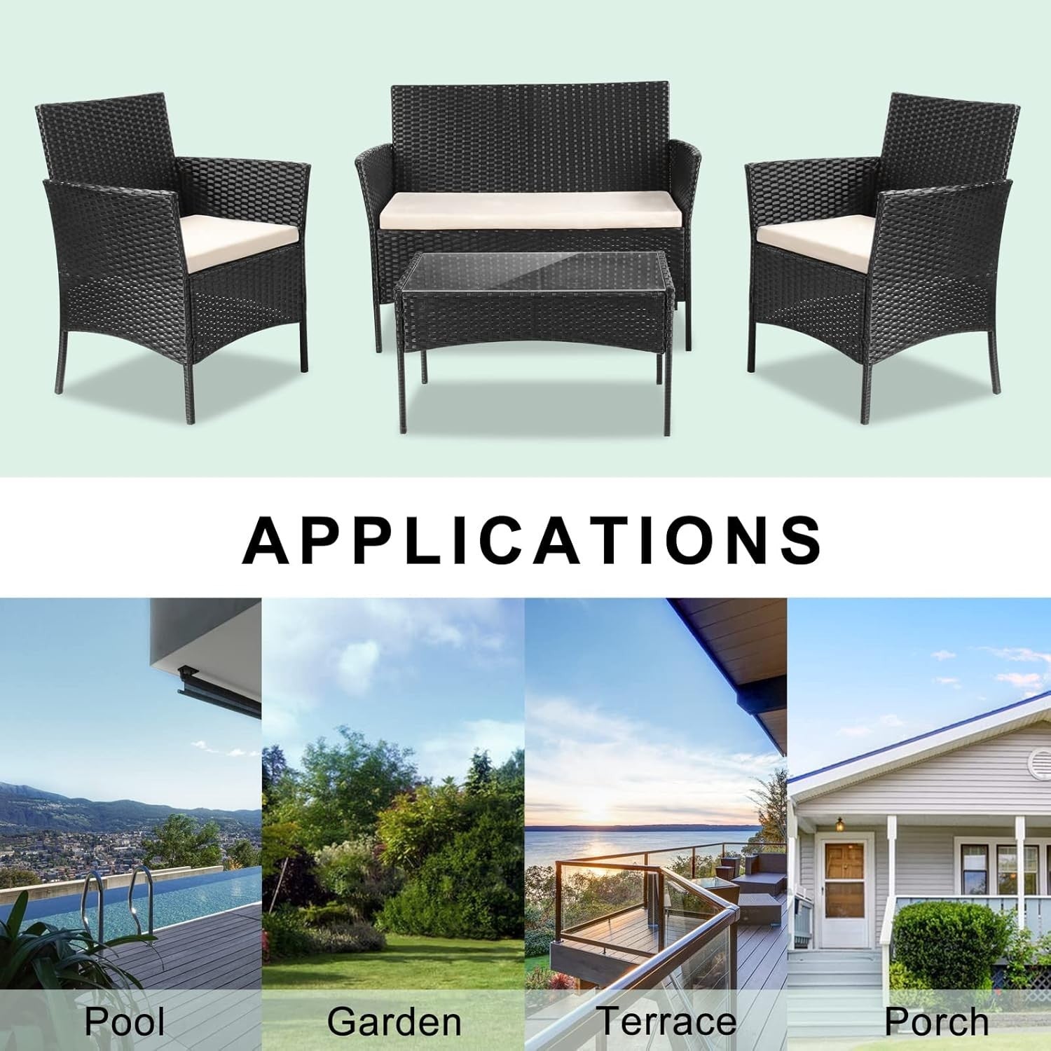 4 Seater Black Rattan Garden Furniture Set Outdoor Sofa Chairs Table
