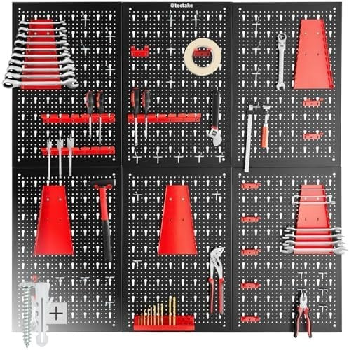 Wall-Mount Pegboard Kit 6PCS Alloy Steel Black/Red w/ Hooks & Holders 120x60cm