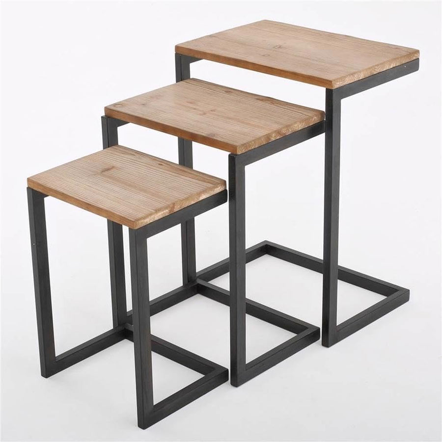 3pc Rustic Industrial Nesting End Side Tables Stackable Wood Tops Metal Frames