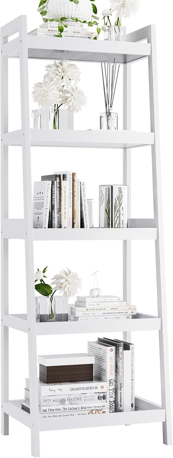 White 5-Tier Ladder Bookcase, Tall Narrow Bamboo Frame Display Storage Shelf
