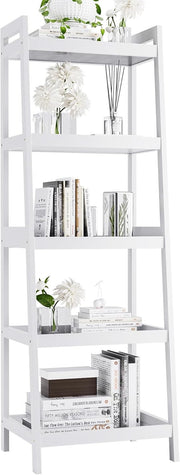 White 5-Tier Ladder Bookcase, Tall Narrow Bamboo Frame Display Storage Shelf
