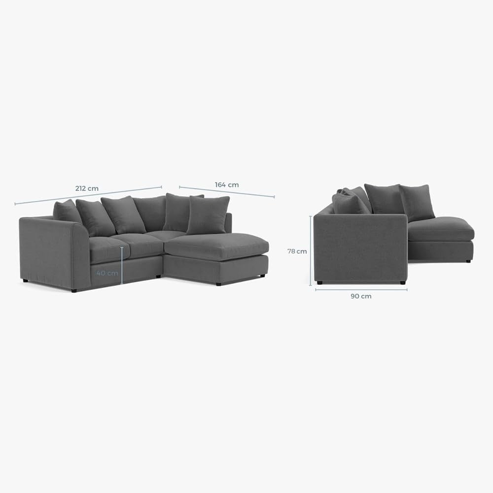 Grey Right Hand L Shaped Corner Sofa – 4 Seater Modular Couch with Cushions