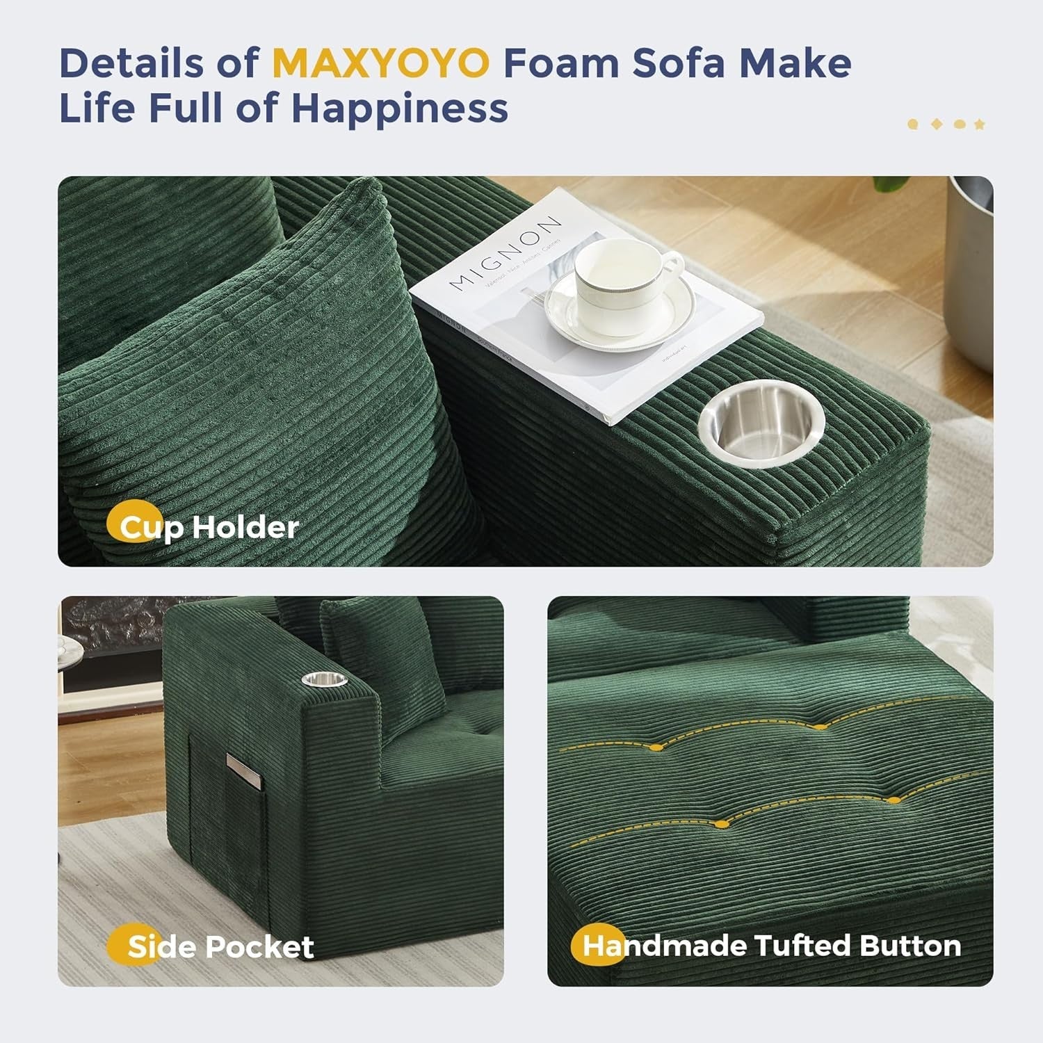 Dark Green Corduroy Corner Sofa | L-Shaped, Cup Holder, No Assembly, Deep Seat