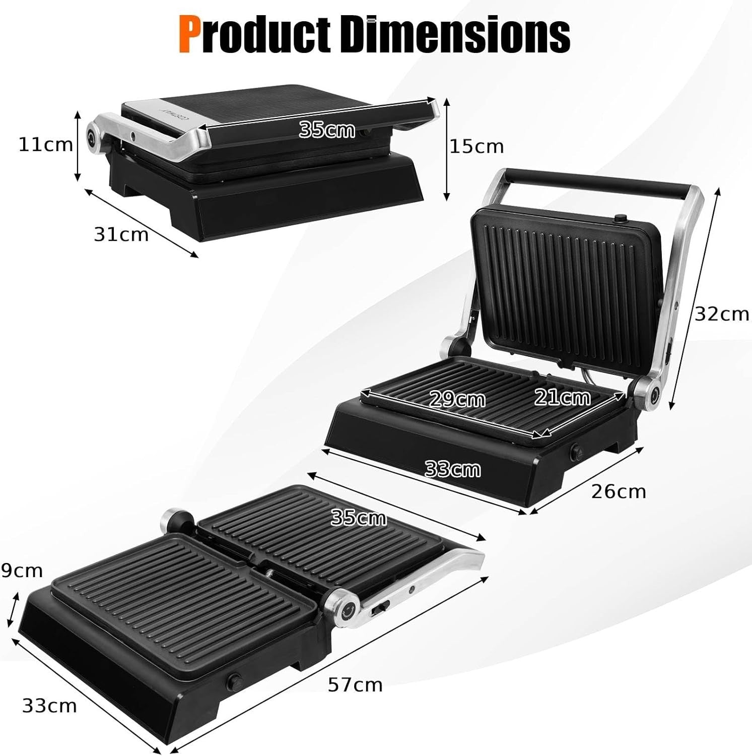 3-in-1 Panini Maker Sandwich Grill 1200W Adjustable Plates Timer 4H