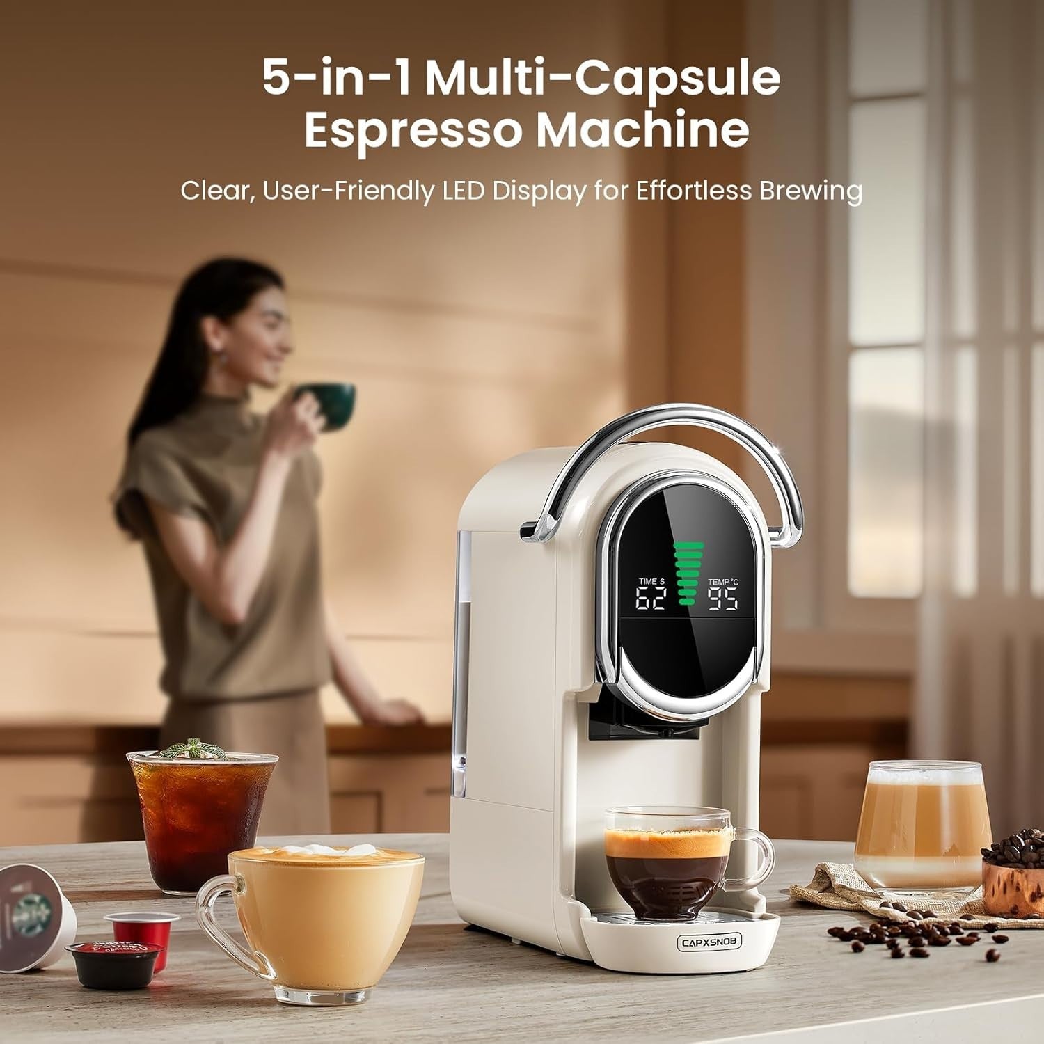 5-in-1 Pod Coffee Machine 20Bar Hot Cold Brew Mini Maker Fast Heat-Up White