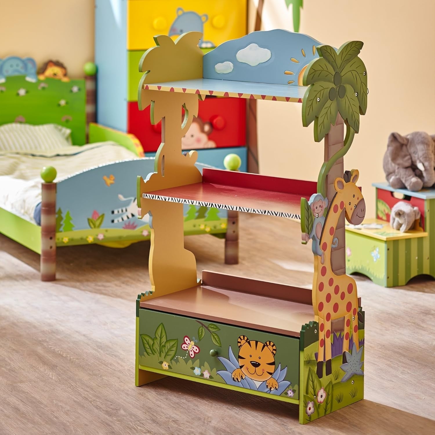 Safari-Themed Kids Bookshelf with Drawers, Large Wooden Storage Unit 96cm