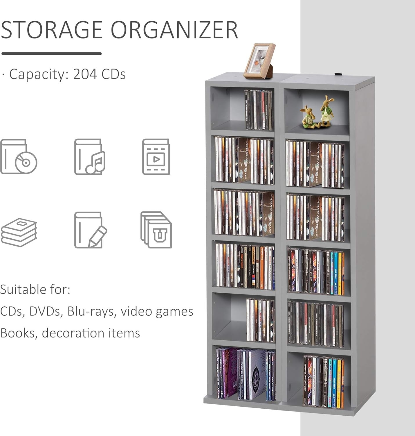 Set of 2 Tall Media Storage Towers – Adjustable CD DVD Blu-Ray Shelving Grey