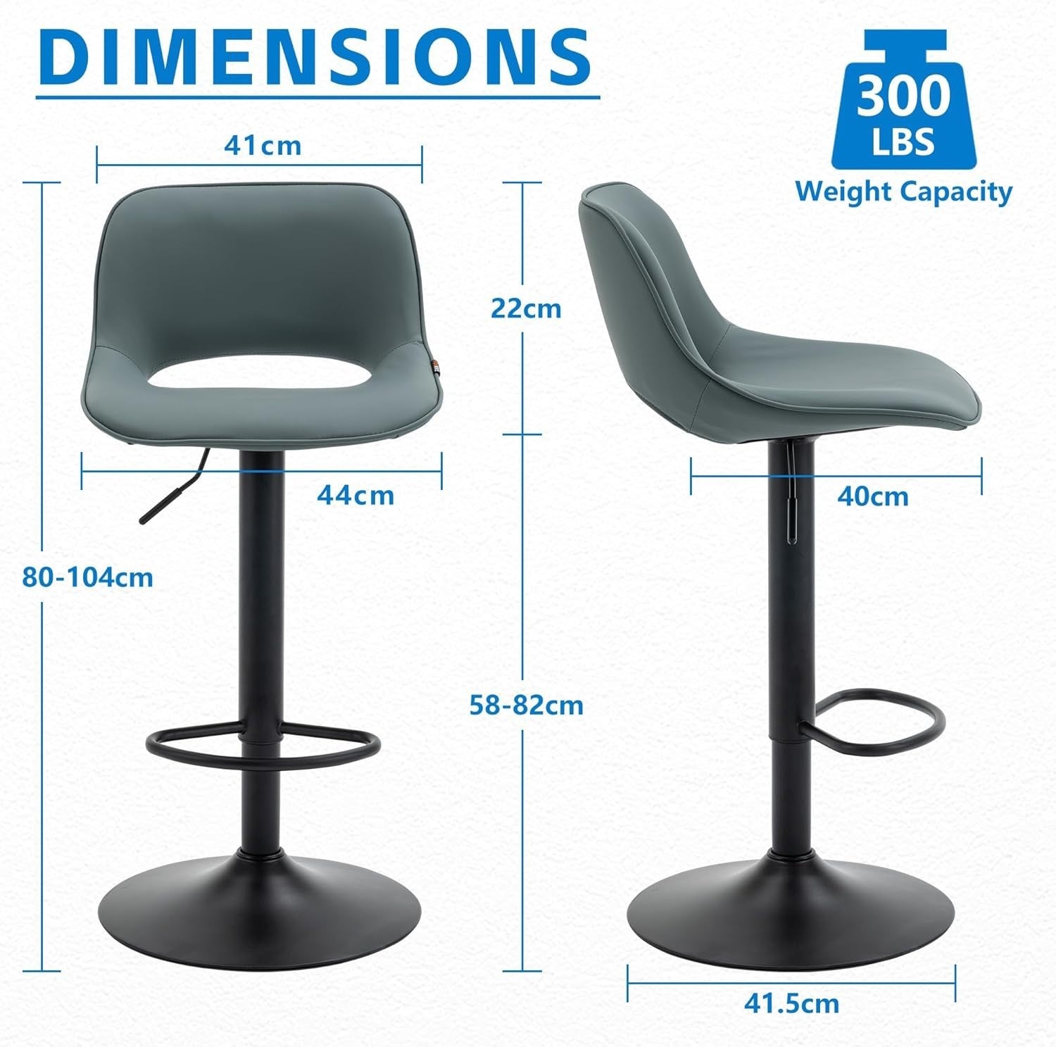 Adjustable Swivel Bar Stools 2pcs Faux Leather Counter Height Greyish Green