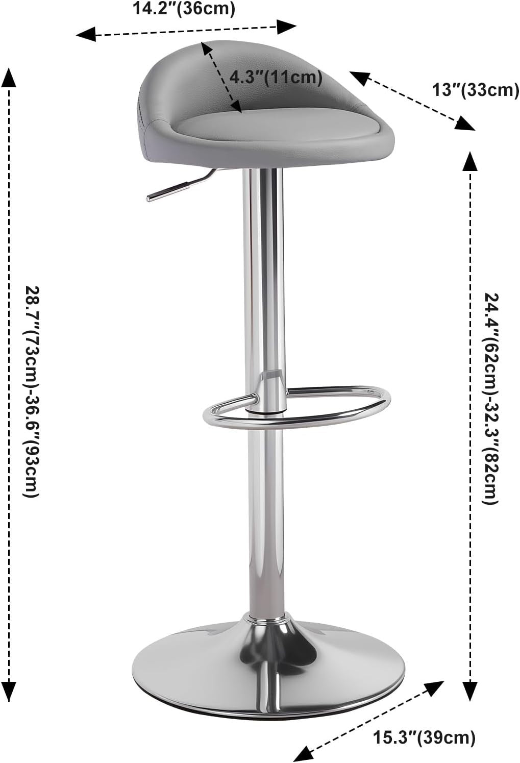 Grey Faux Leather Bar Stool Set of 2 Round Armless Adjustable Swivel Chairs