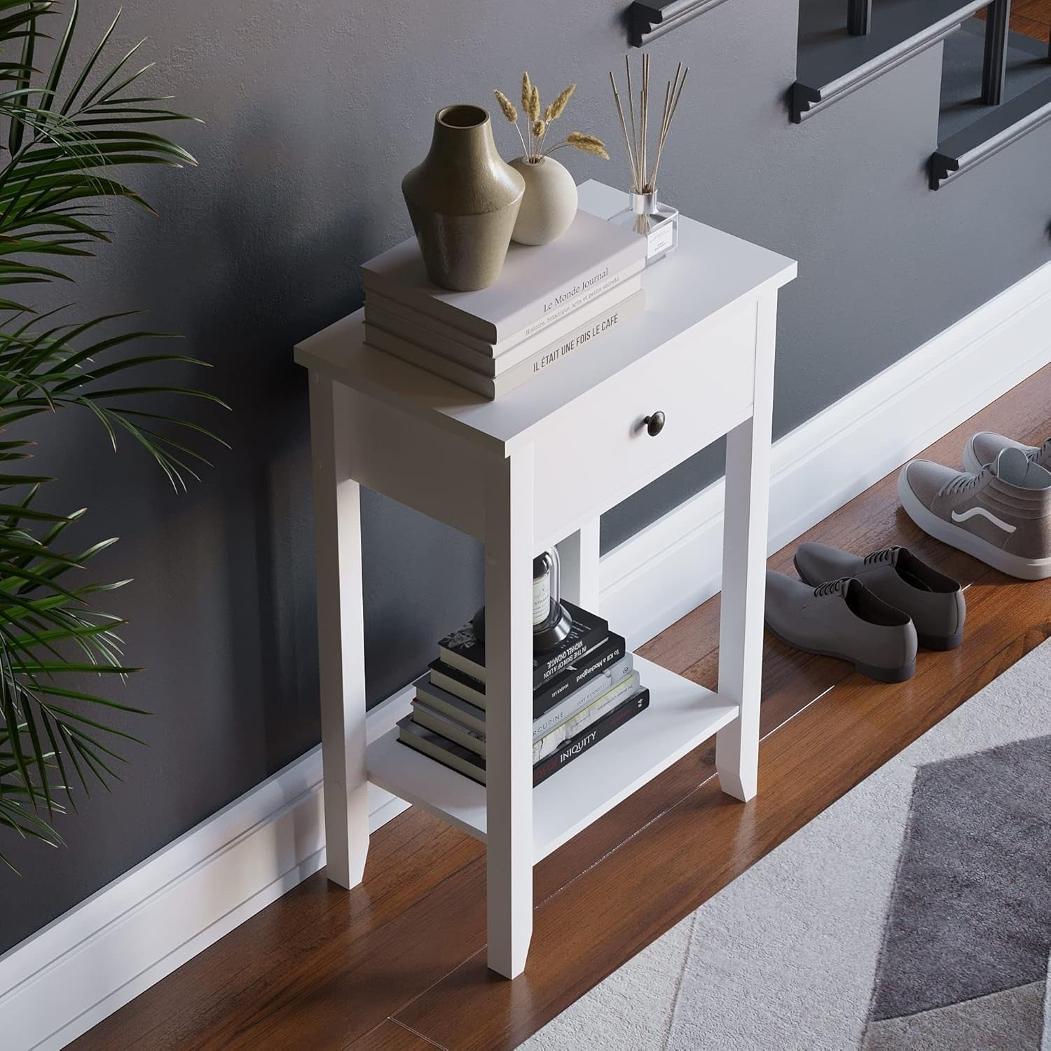 White Console Table with Drawer & Undershelf – Space-Saving Hallway Storage
