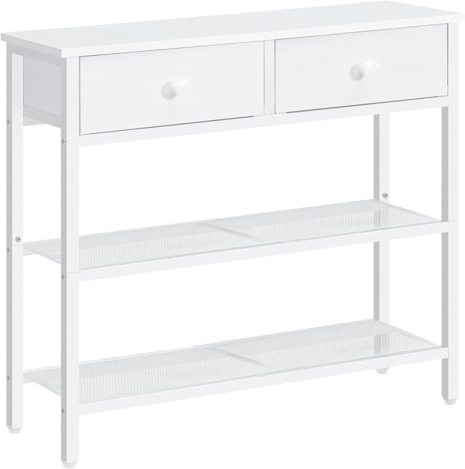Slim White Console Table with 2 Drawers & Mesh Shelves – Space-Saving Storage