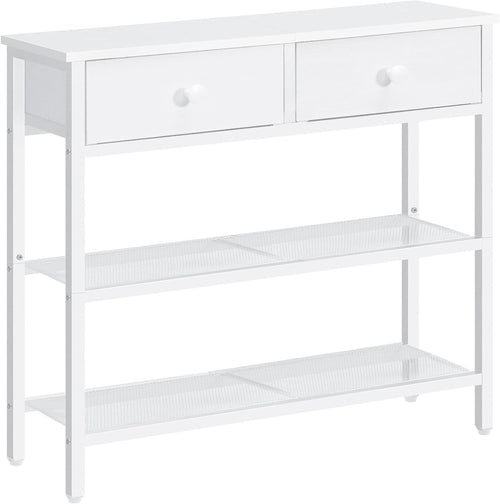 Slim White Console Table with 2 Drawers & Mesh Shelves – Space-Saving Storage