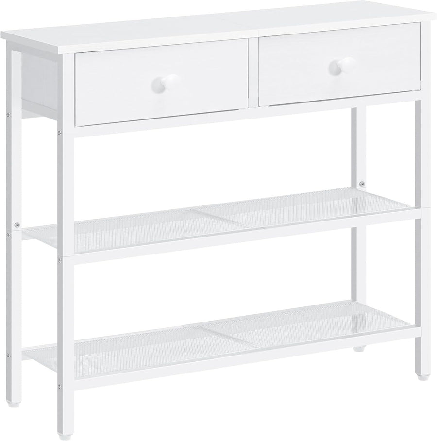 Slim White Console Table with 2 Drawers & Mesh Shelves – Space-Saving Storage