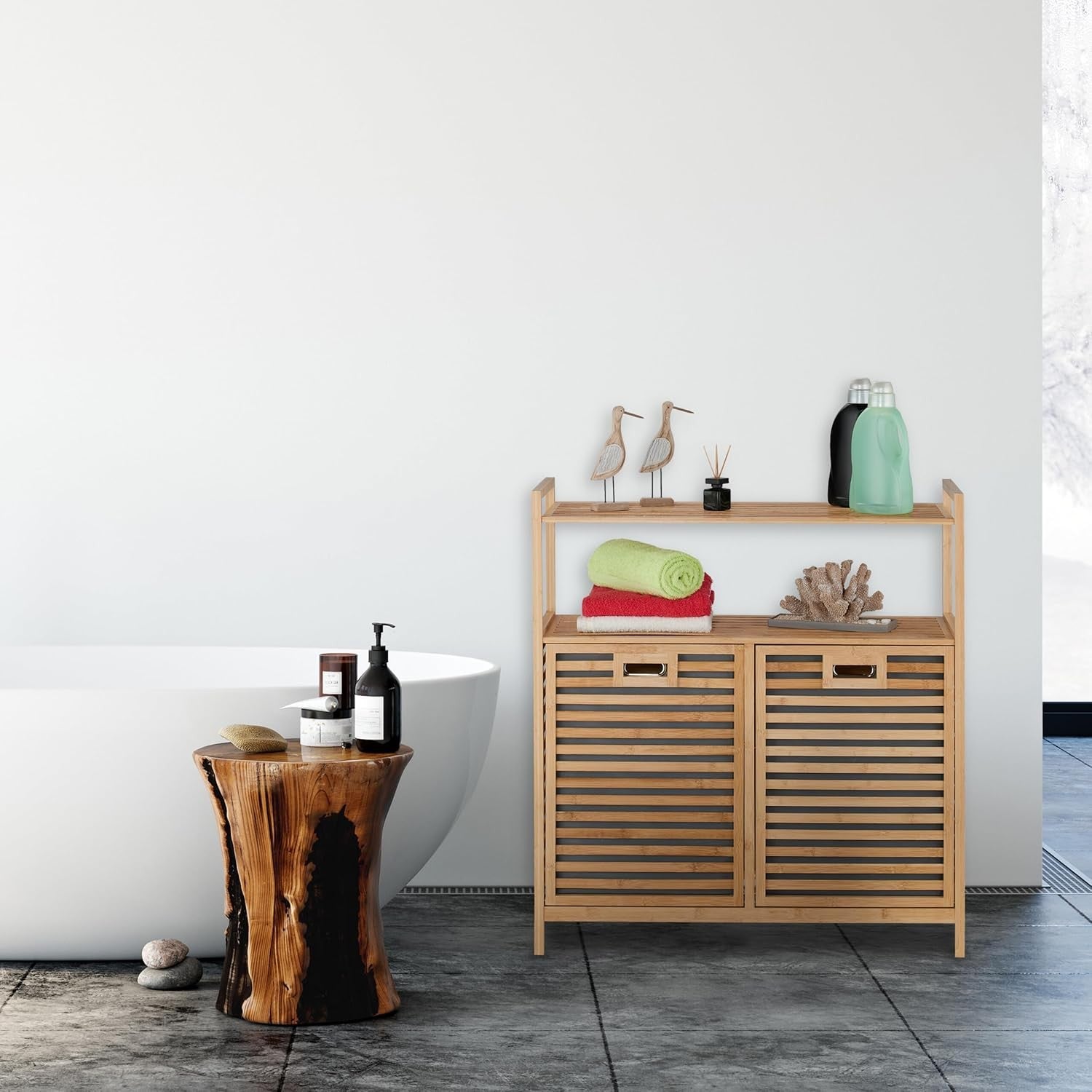 Bamboo Laundry Basket with Shelves 2 Tilt Bins 40L Bathroom Storage Unit 95x88cm