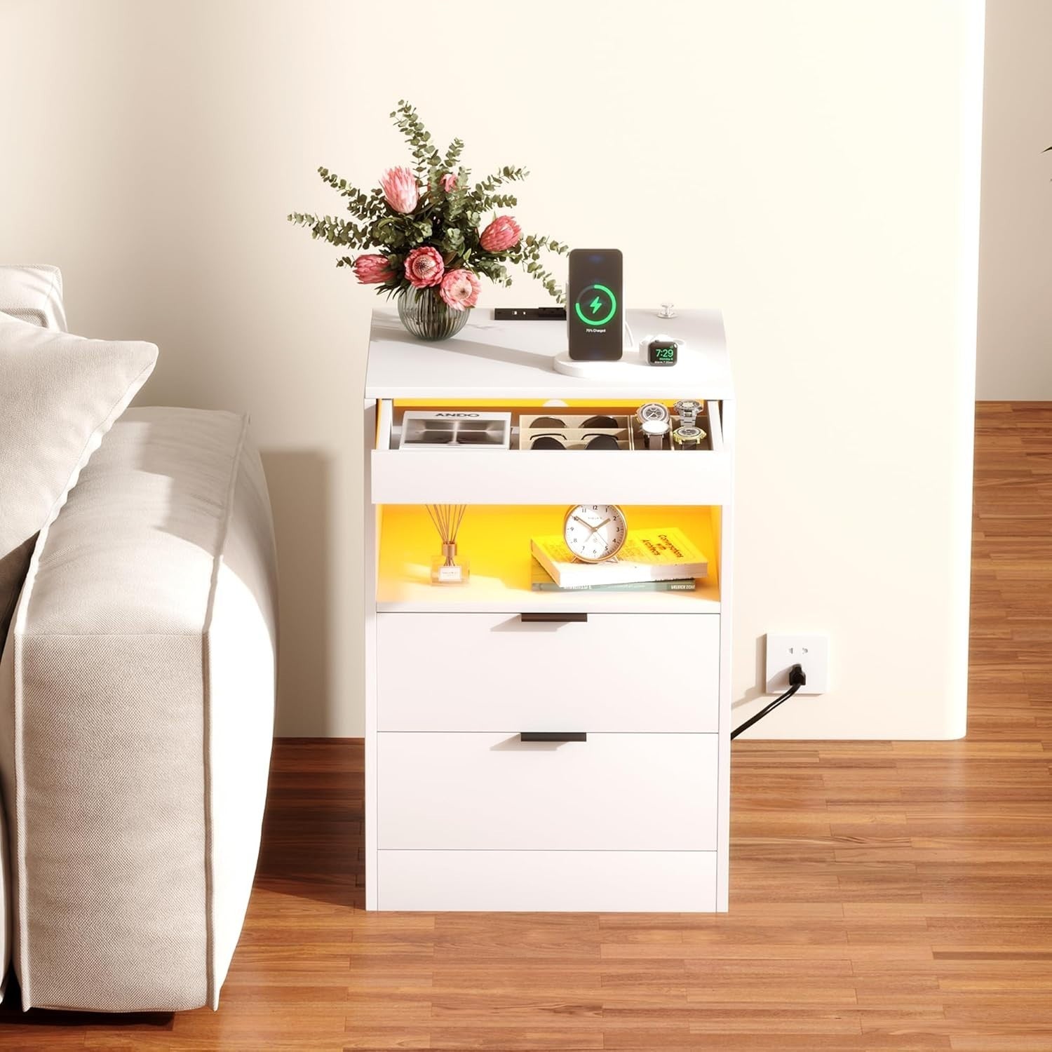 White LED Nightstand with Charging Station – 2 USB Ports, Power Outlets & Drawer