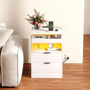 White LED Nightstand with Charging Station – 2 USB Ports, Power Outlets & Drawer