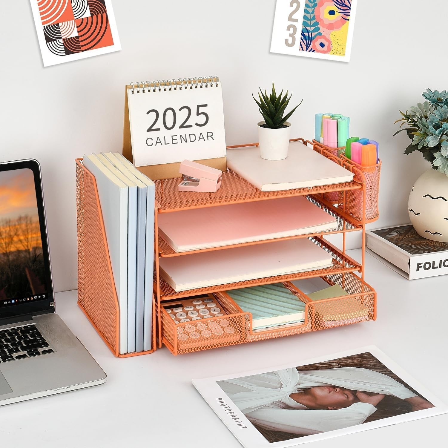4-Tier Desk Organizer Metal File Holder Drawer Pen Storage Orange
