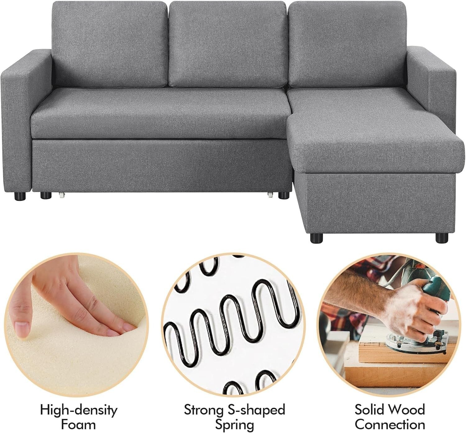 Light Grey L-Shaped Sofa Bed 3 Seater Pull Out Storage Sleeper Couch