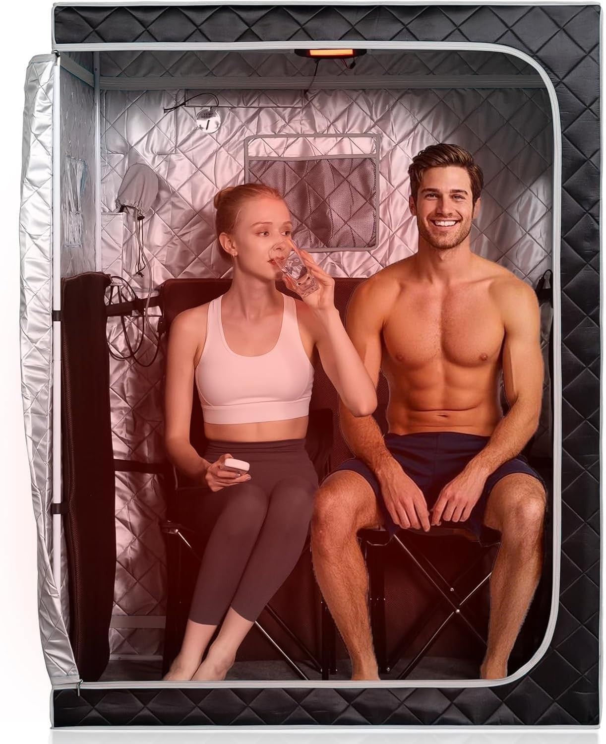 Two-Person Full-Size Infrared Sauna – Home SPA w/ Remote, Chairs & Light Grey
