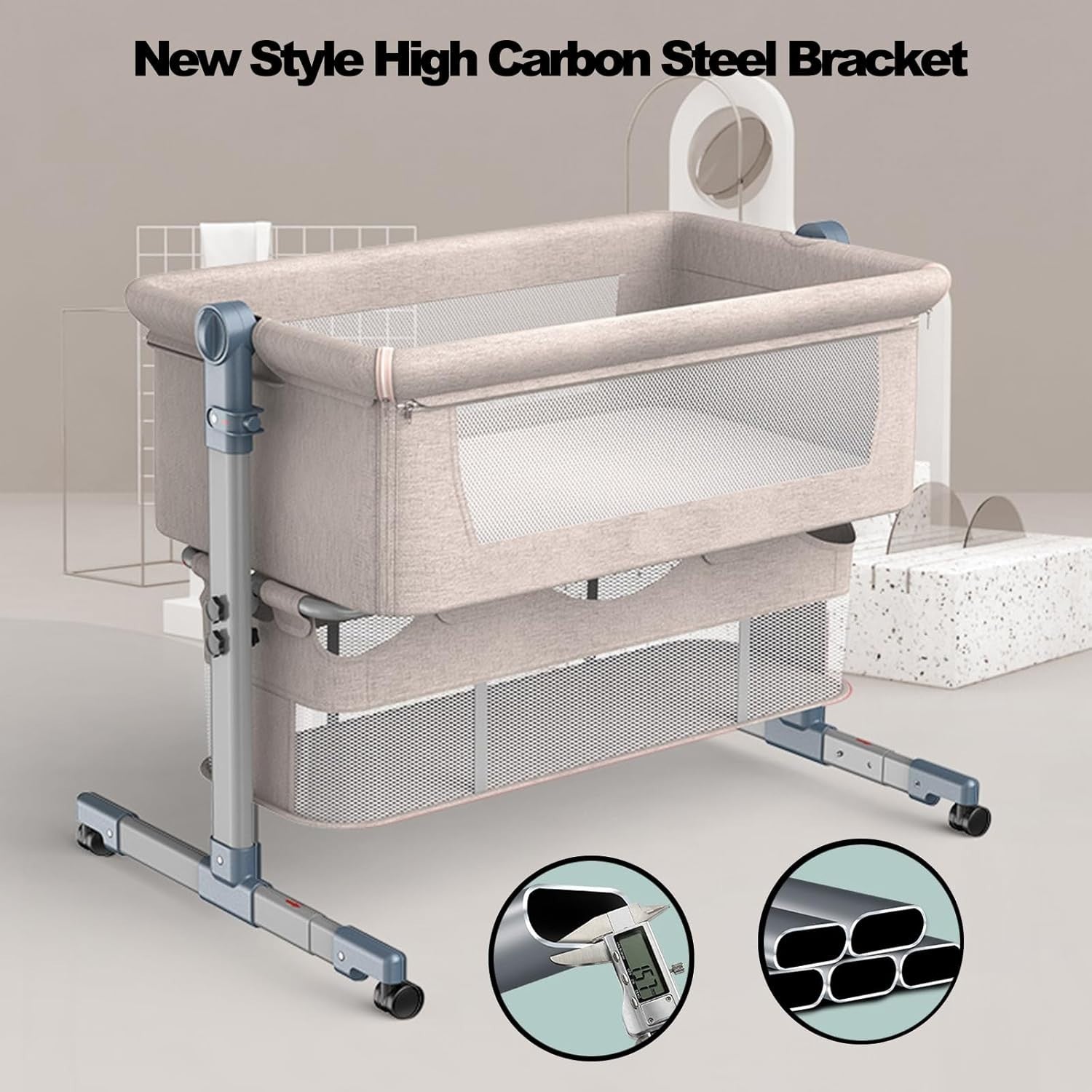 3in1 Baby Bedside Crib Foldable Travel Bassinet with Mattress & Storage Brown