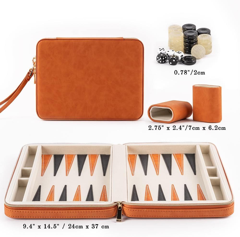 9.4 Inch Travel Backgammon Set Faux Leather Folding Board Portable Game