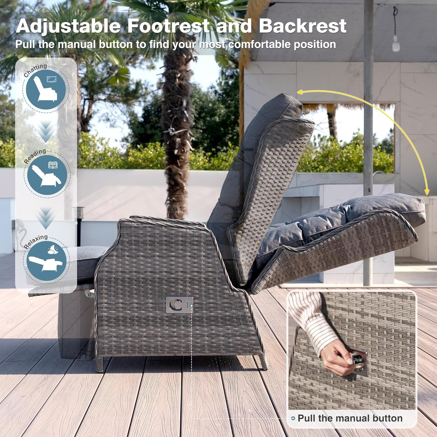 Rattan Reclining Garden Chair w/ Cushions & Flip Table – Sun Lounger Seat